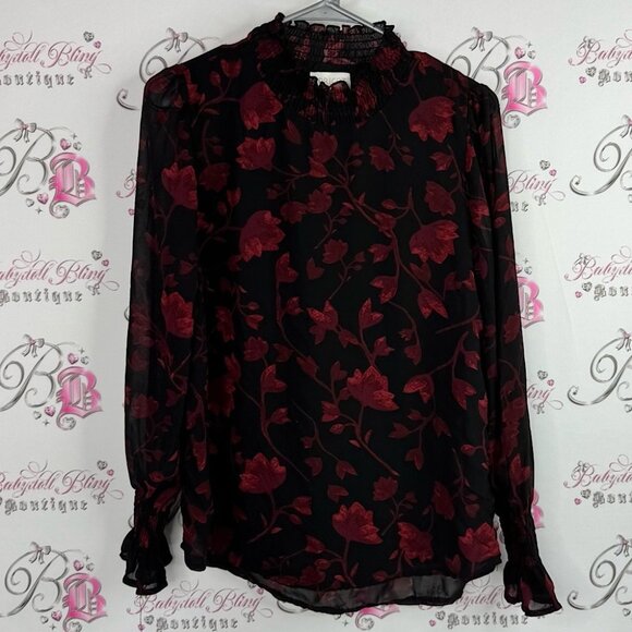 APRICOT blouse long sleeve flare detail smocked Black and Red Floral Blouse - Picture 1 of 7